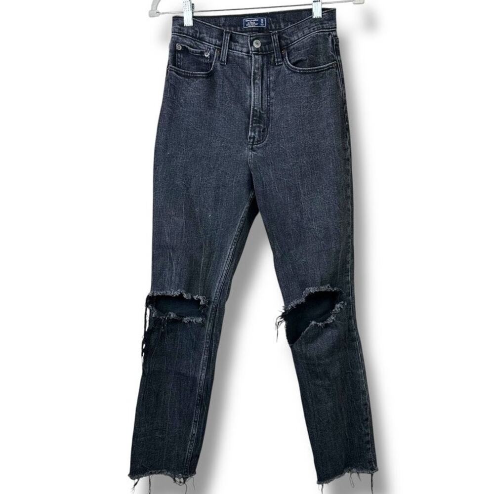 Abercrombie & Fitch Black Distressed Wash Ultra High Rise Mom Denim Jeans 0/25